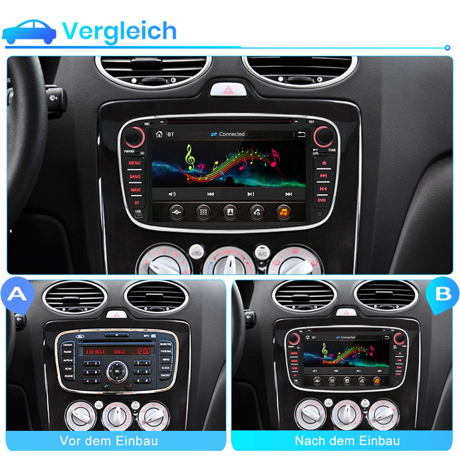 Vergleich: Auto-Infotainment-System vor und nach dem Einbau.