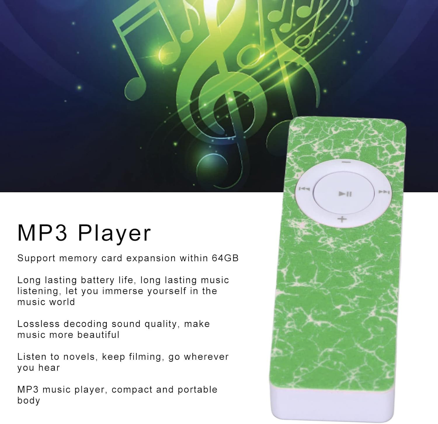 Grüner MP3-Player mit Marmormuster und Notenhintergrund.