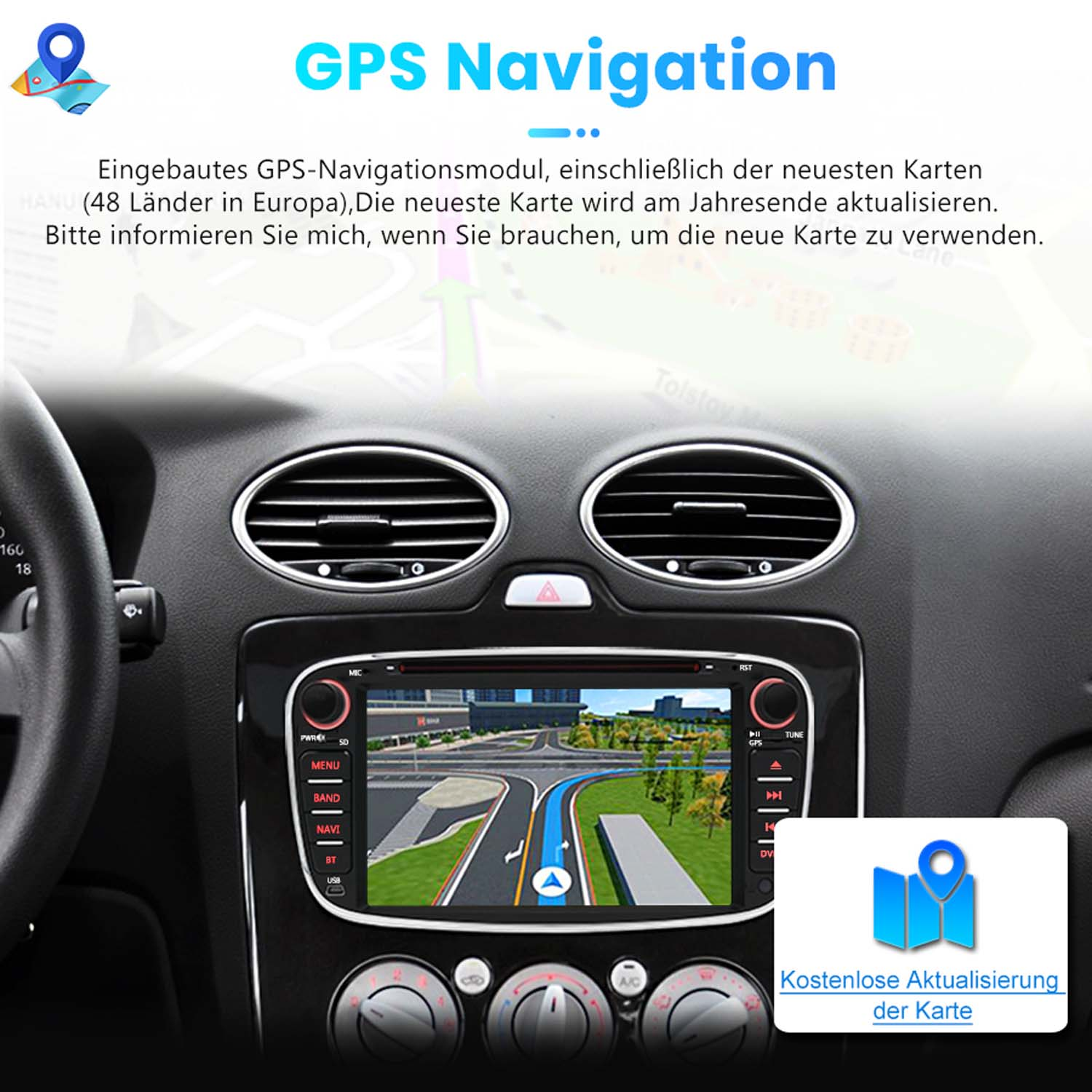 Armaturenbrett mit GPS-Navigationsbildschirm, Kartensymbol unten rechts.