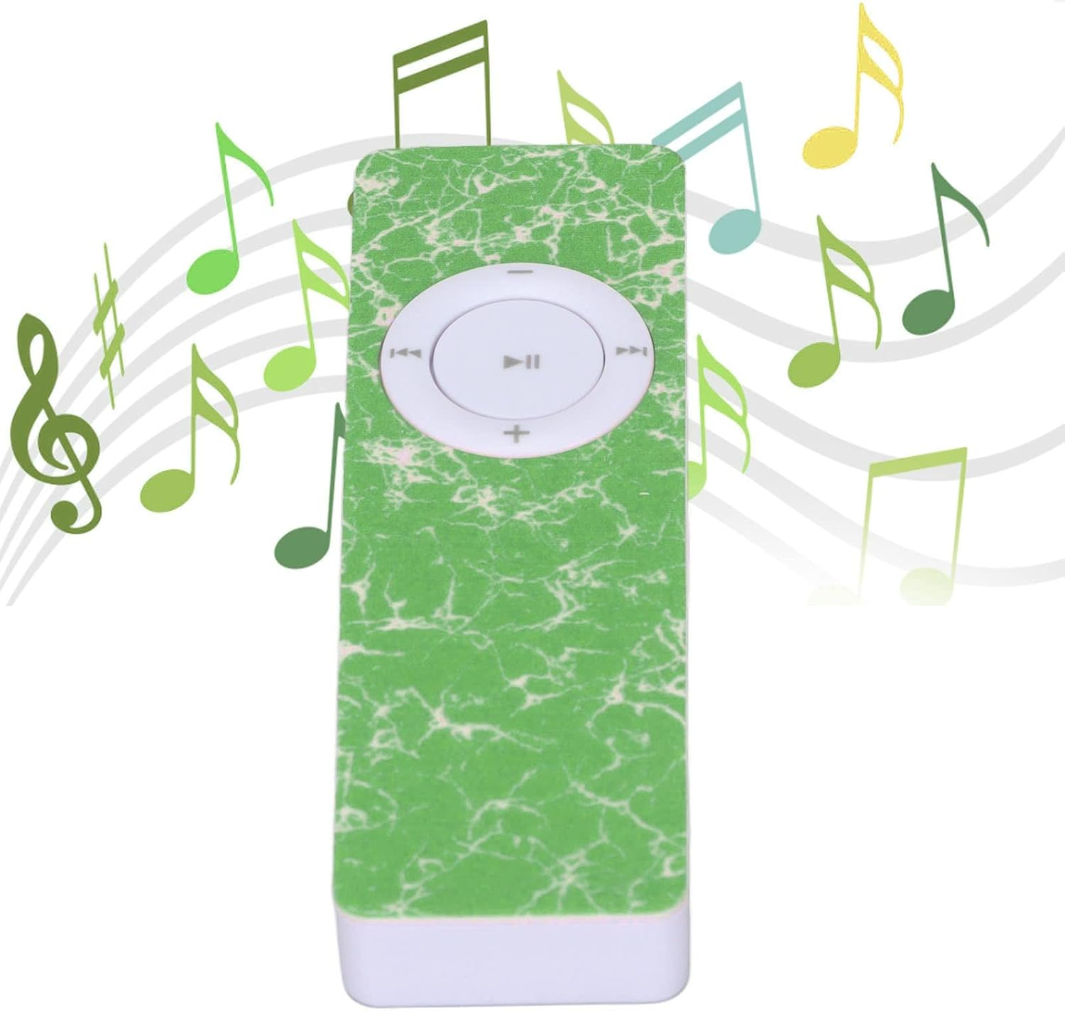 Grüner gemusterter MP3-Player mit Noten, die darum schweben.
