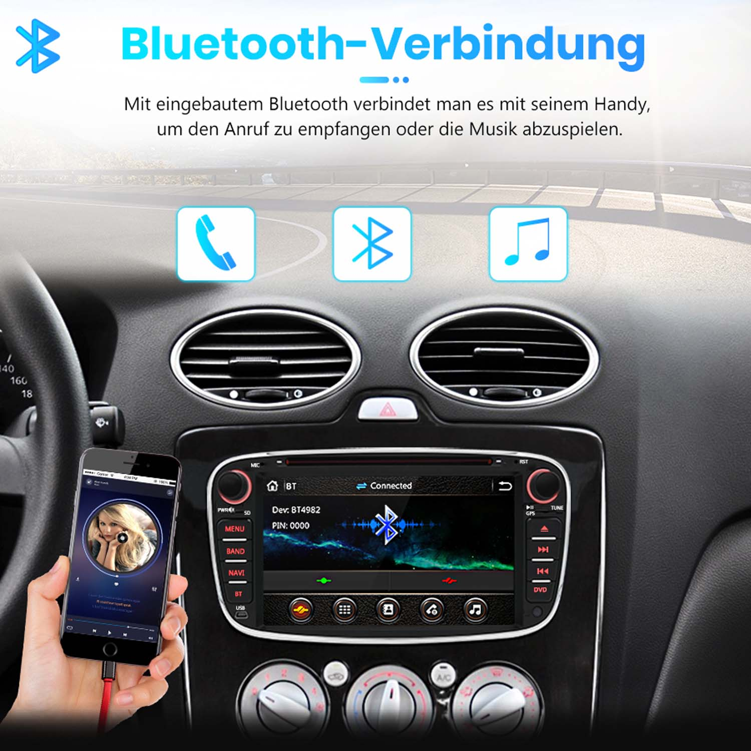 Armaturenbrett im Auto mit Handy über Bluetooth mit Autoradio verbunden. Symbole für Anruf, Bluetooth, Musik.