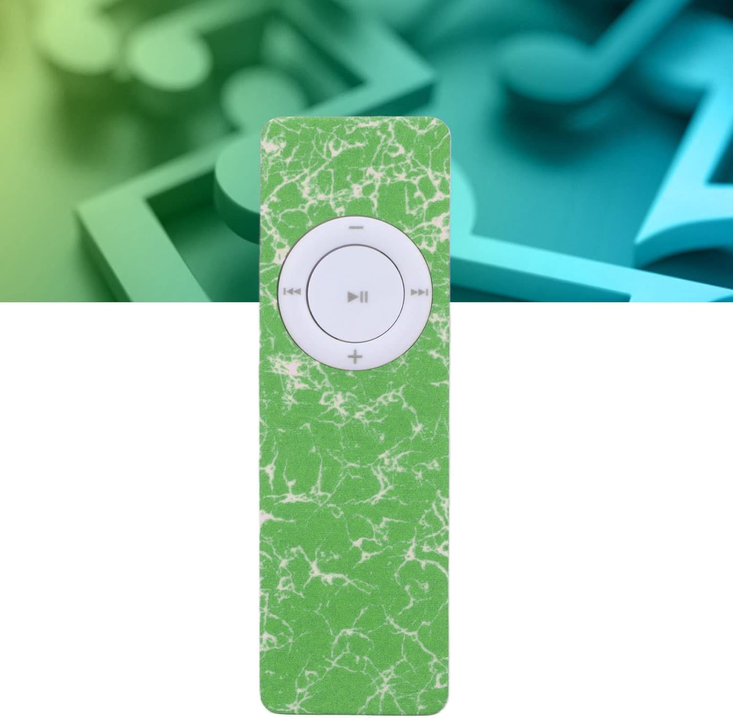 Grüner tragbarer Musikplayer mit Muster und weißem Steuerkreuz.