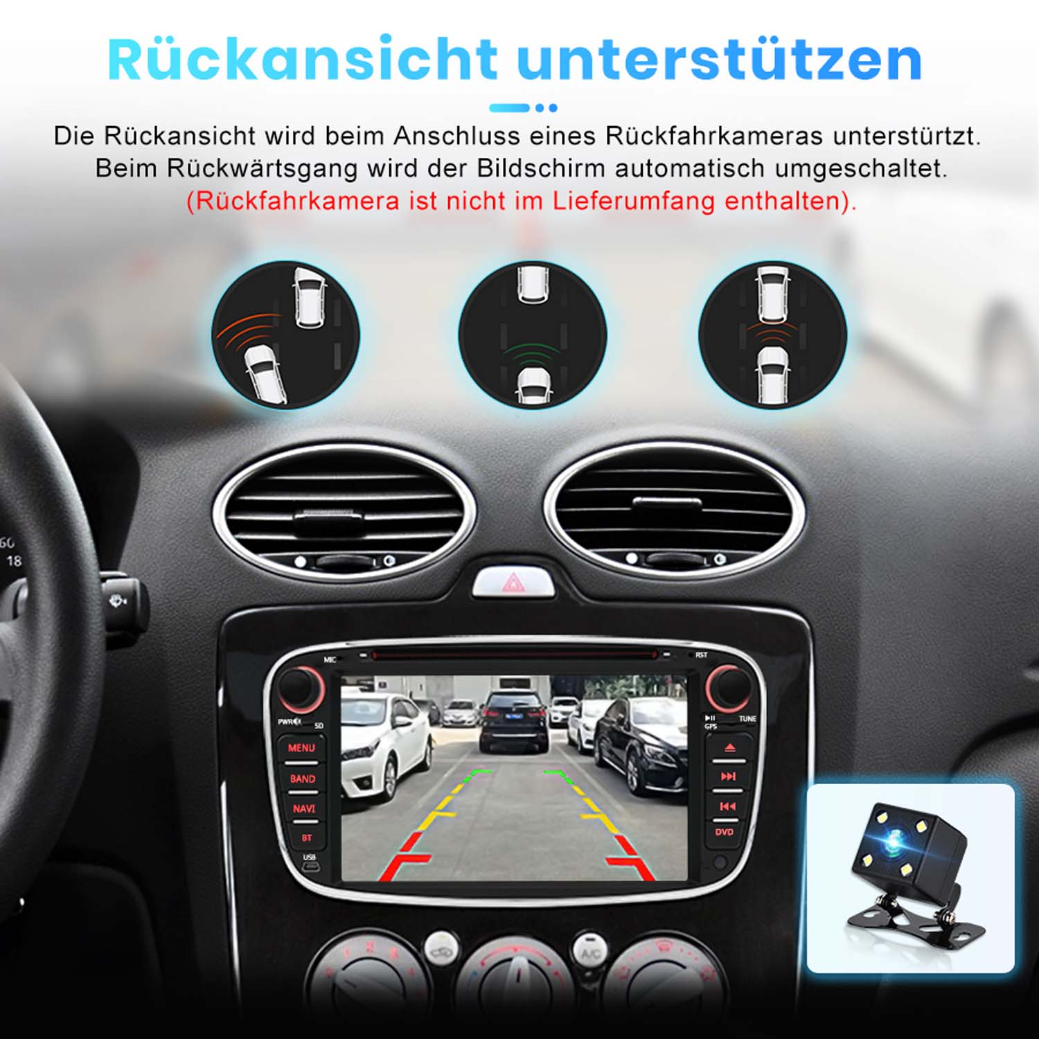 Autoinnenraum mit Display zeigt Rückfahrkamera-Ansicht und Parksensoren.