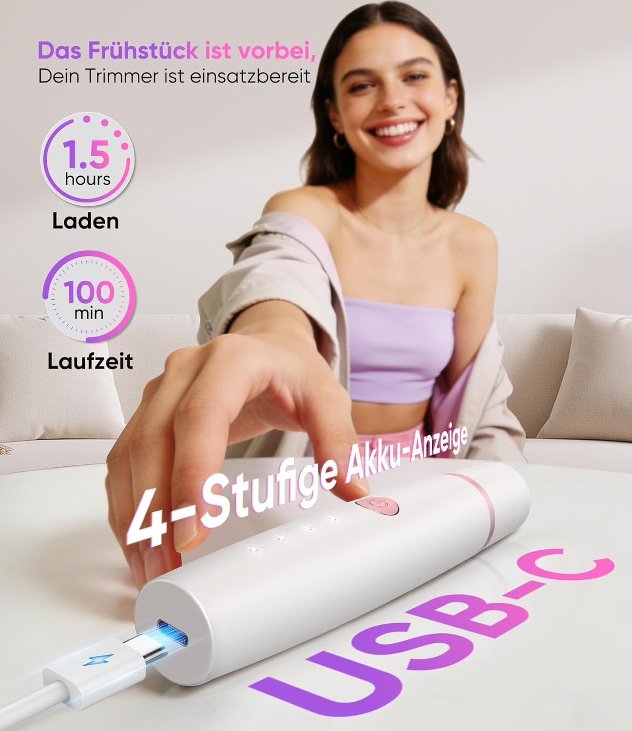 Eine Frau lächelt, während sie einen weißen USB-C-Trimmer lädt, der 1,5 Stunden Ladezeit hat.