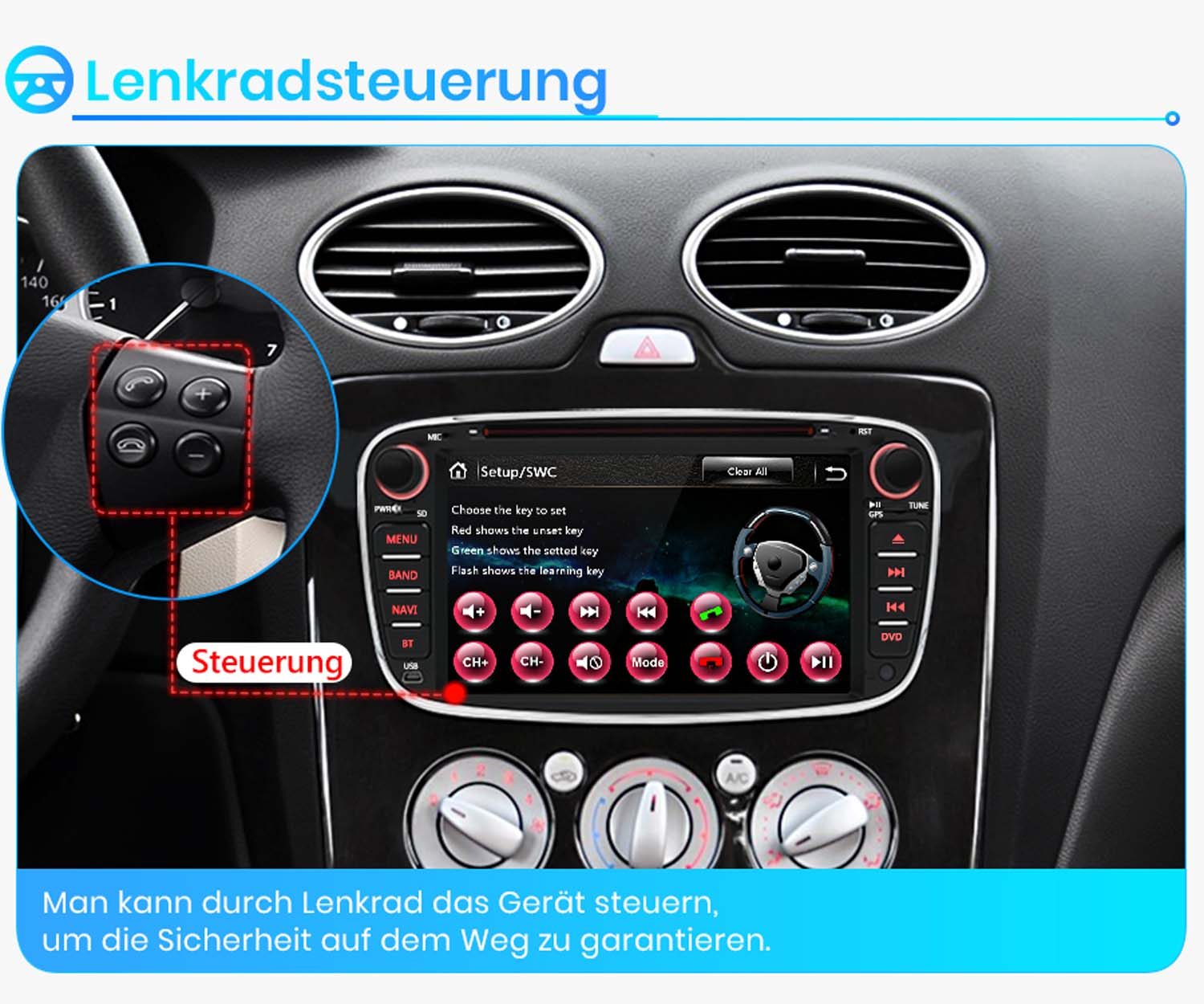 Autoinnenraum mit Fokus auf Lenkradsteuerung und Touchscreen-Infotainmentsystem.