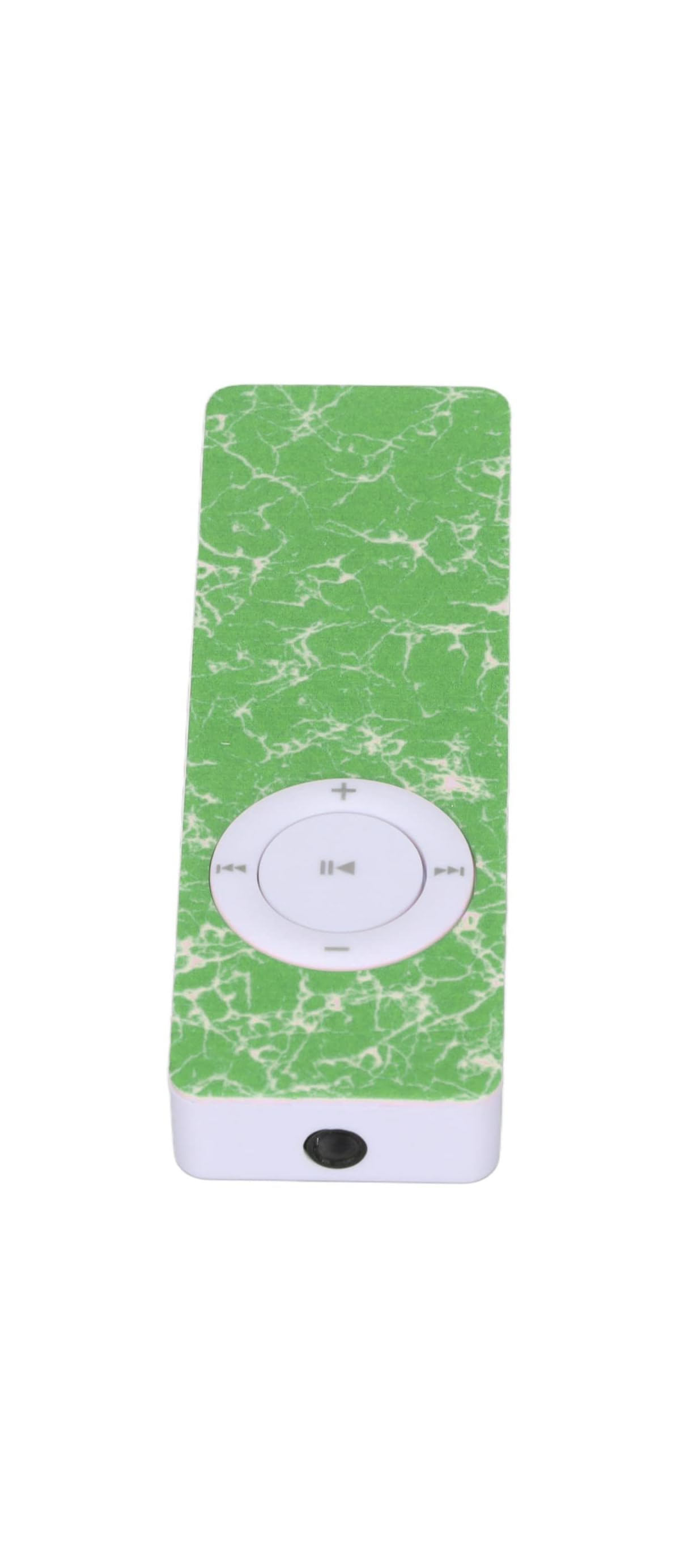 Ein kleiner grüner MP3-Player mit weißem Marmormuster und Steuertasten.