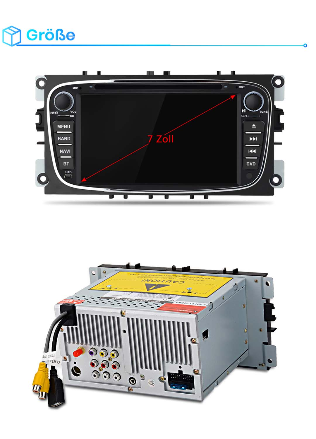 Ein 7-Zoll-Autoradio mit Touchscreen und Tasten, Rückseite mit Anschlüssen.