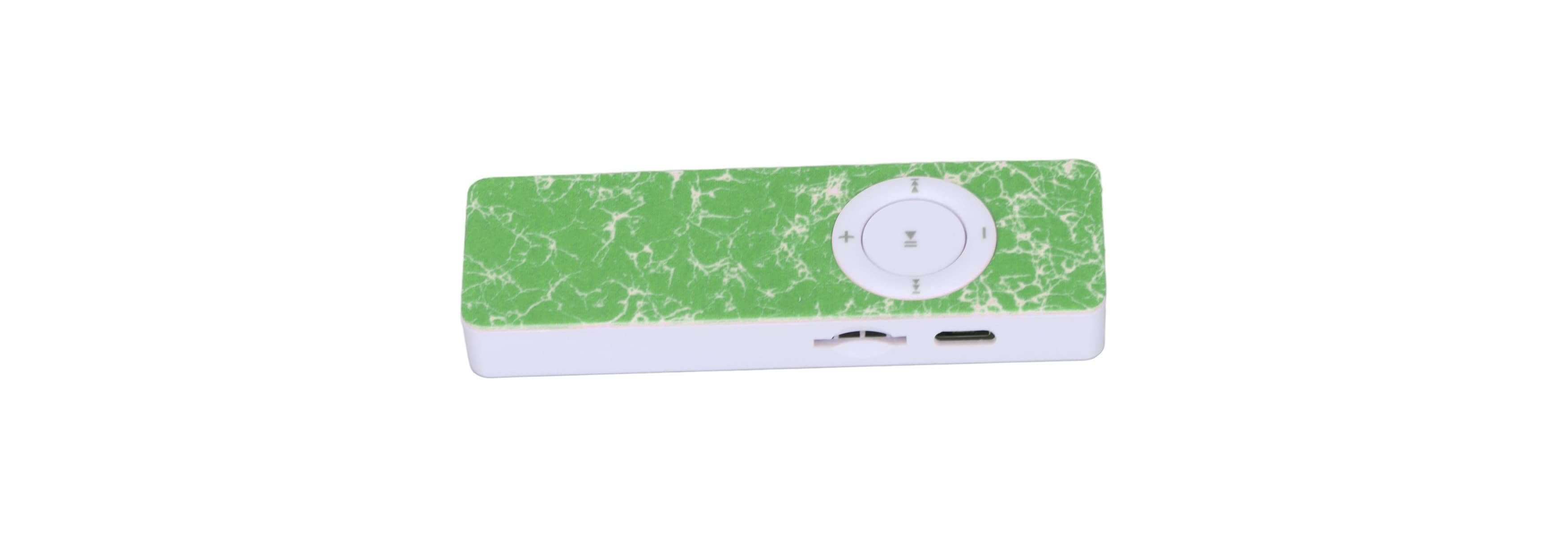 Ein rechteckiger, weißer MP3-Player mit einer grünen, marmorierten Oberseite und einem runden Bedienknopf auf der rechten Seite.