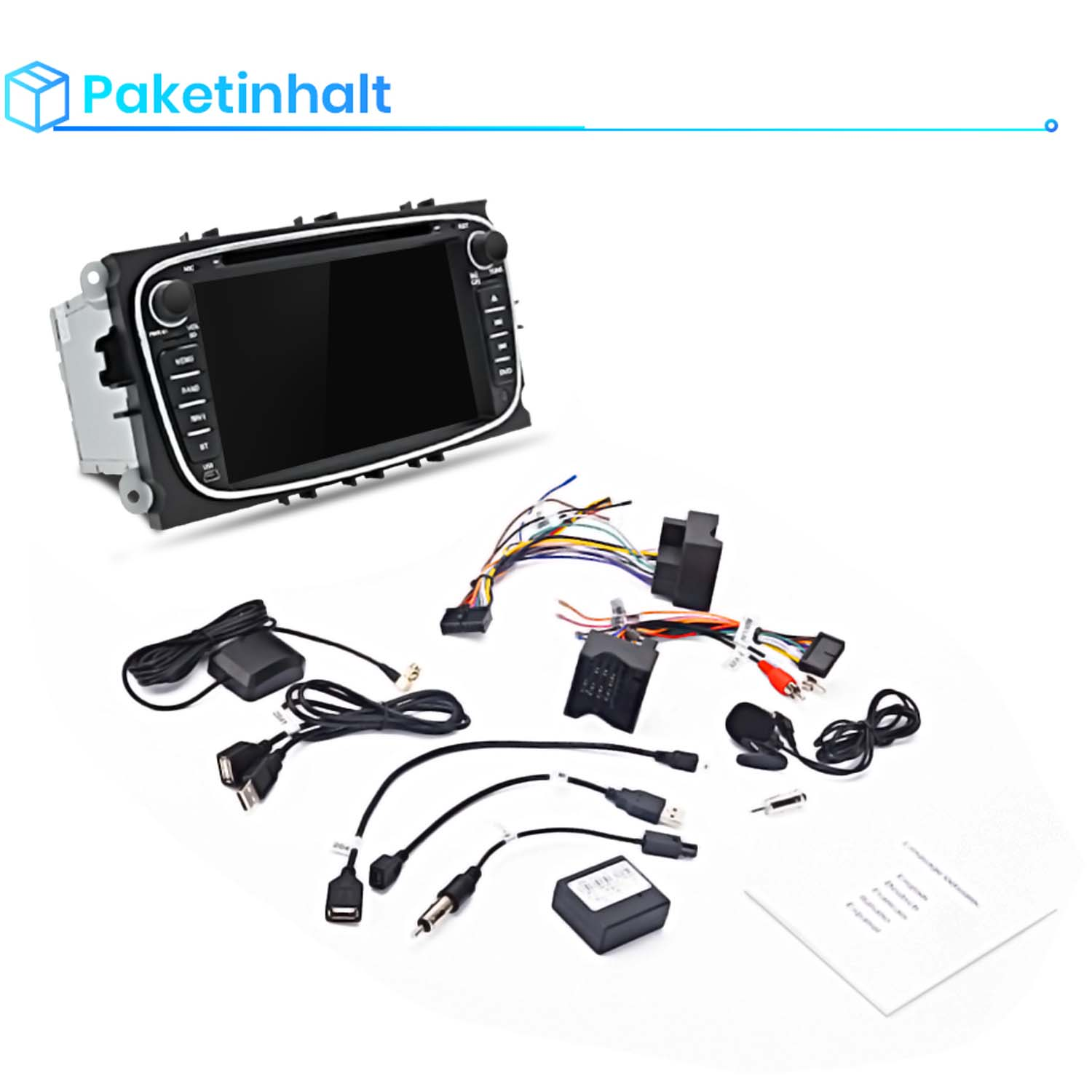 Autostereo mit Bildschirm, Kabeln, GPS-Antenne, Mikrofon und Handbuch.
