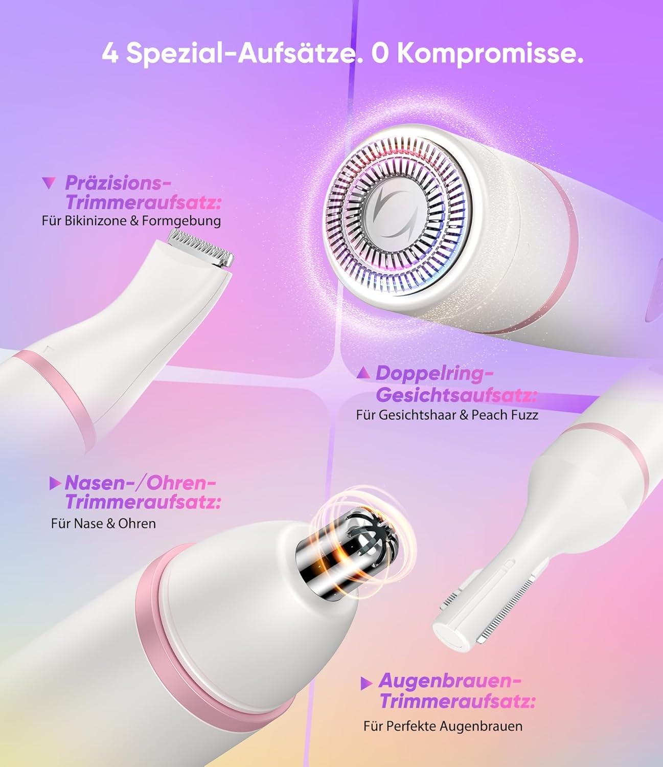 Ein weißer Haartrimmer mit vier Aufsätzen für verschiedene Körperbereiche.
