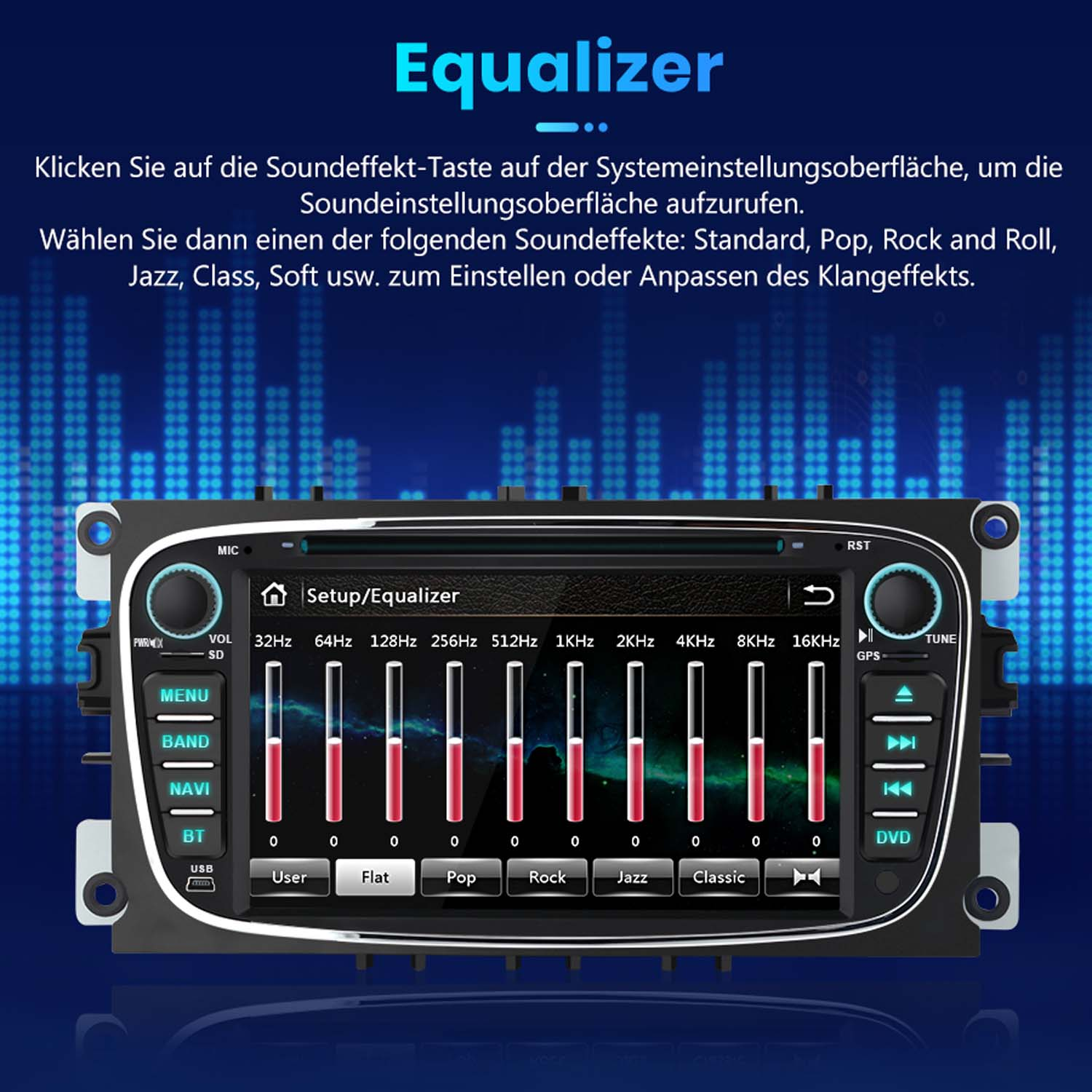 Autoradio mit Equalizer-Einstellung, Balkendiagramm und Voreinstellungen wie User, Flat, Pop.