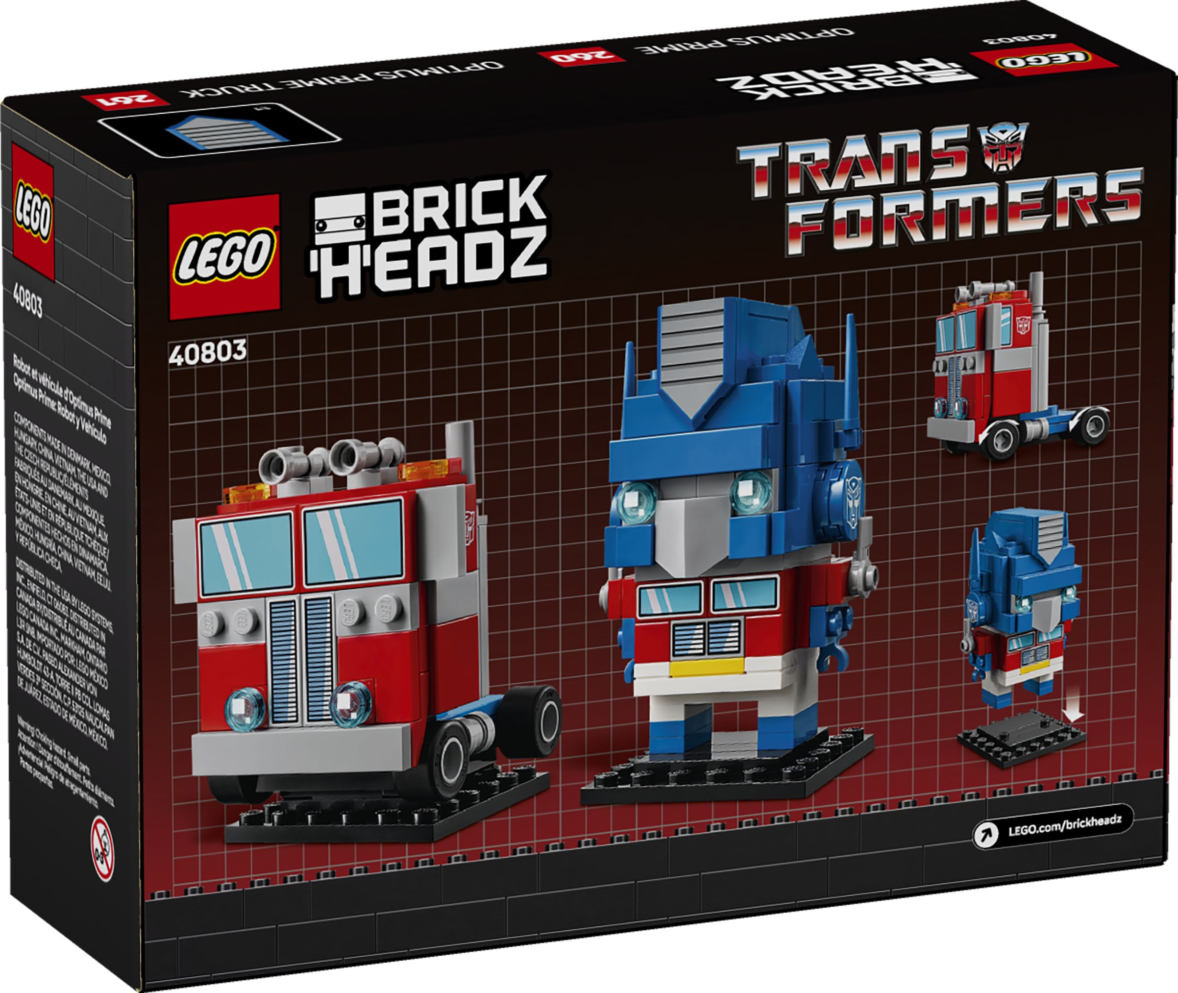 Lego BrickHeadz Transformer Optimus Prime Box mit Figuren und LKW-Modell.