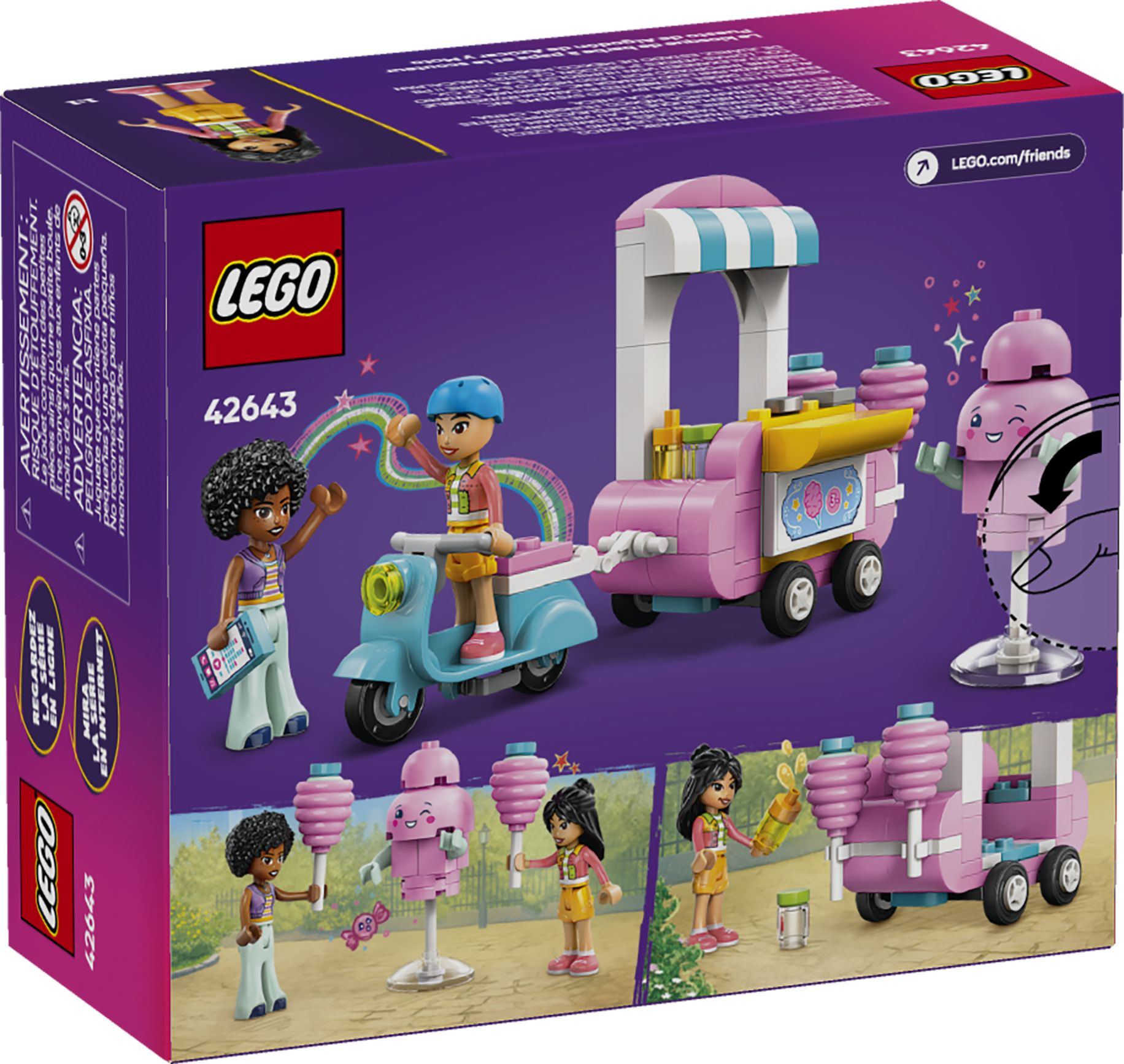 LEGO Friends Eiswagen mit Figuren und Roller in Lila-Verpackung.