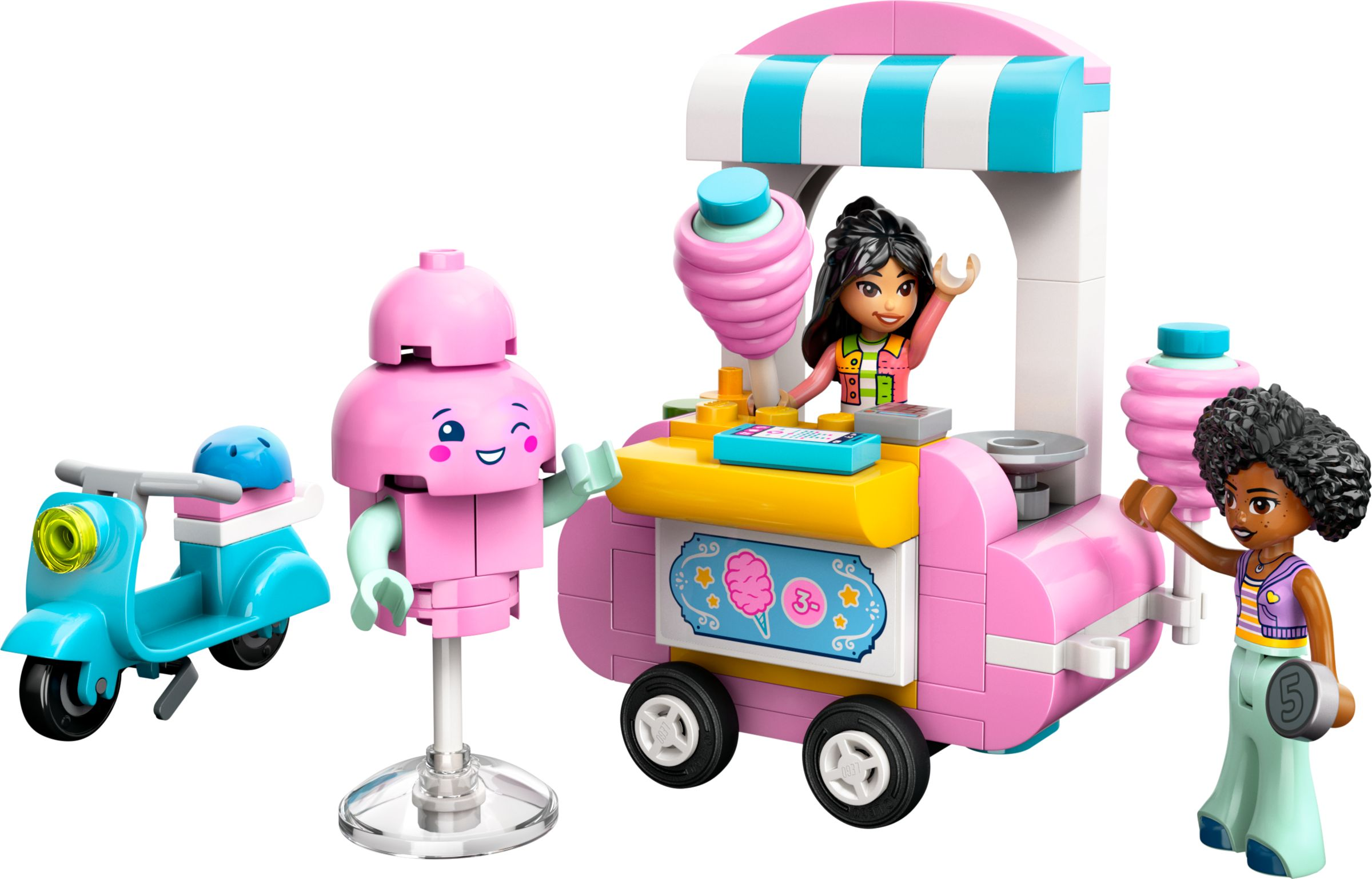 Ein rosa Zuckerwatte-Wagen mit zwei Figuren und einem blauen Roller.