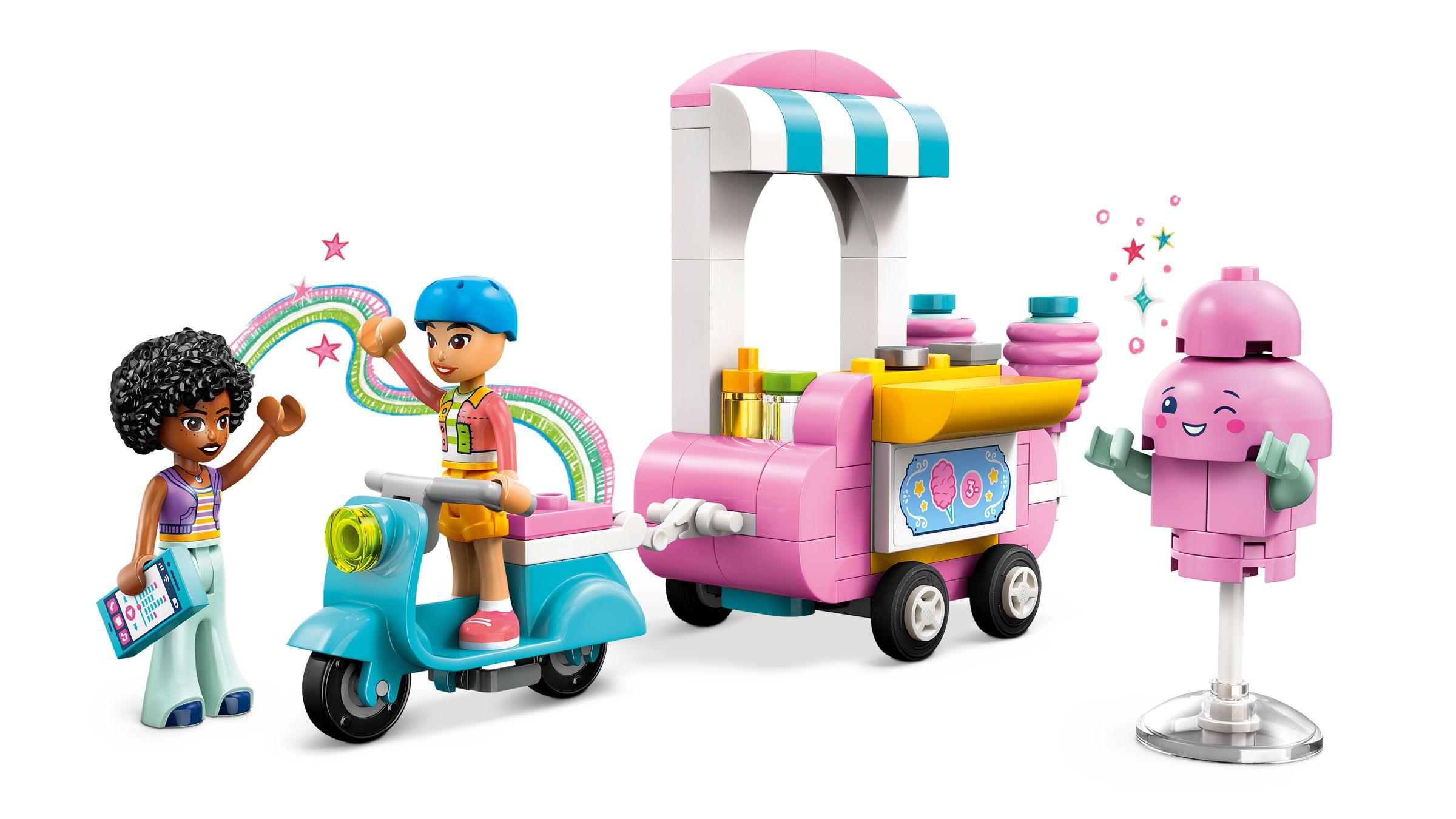 Drei Lego-Figuren mit einem Eiswagen, Roller und einem rosa Eis-Roboter.