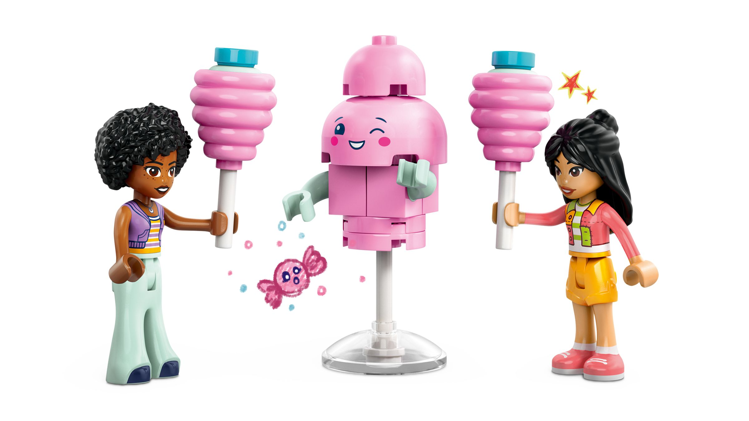 Zwei Mädchen halten Zuckerwatte; in der Mitte ein rosa Roboter mit Zuckerwatte.