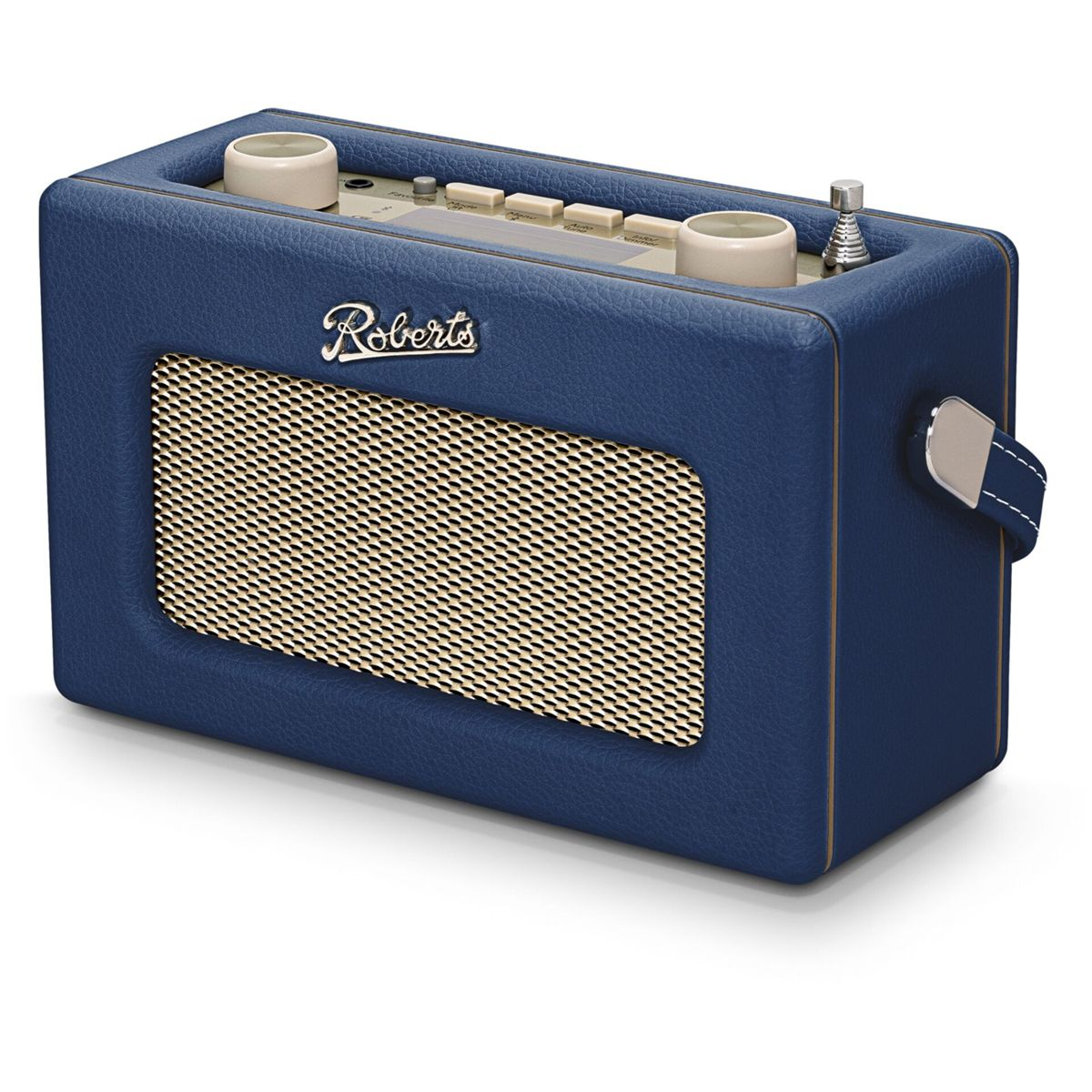 Ein blauer Retro-Radio mit einem goldenen Lautsprechergitter und Knöpfen.