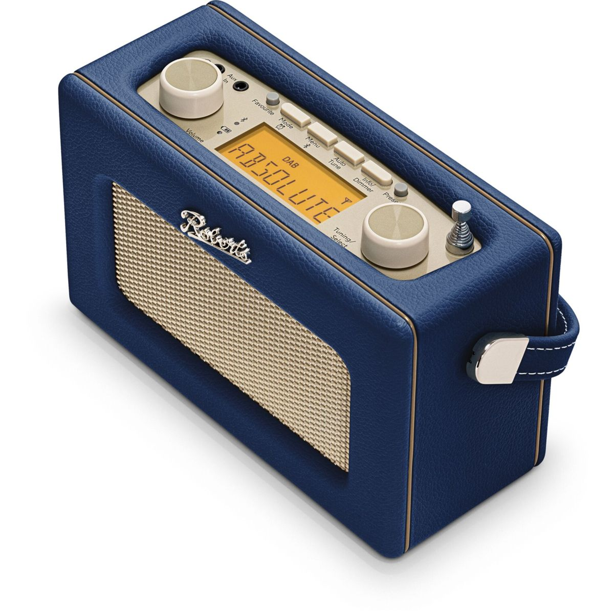Ein blauer Leder-Retro-Radiowecker mit goldenem Lautsprechergrill und Display.