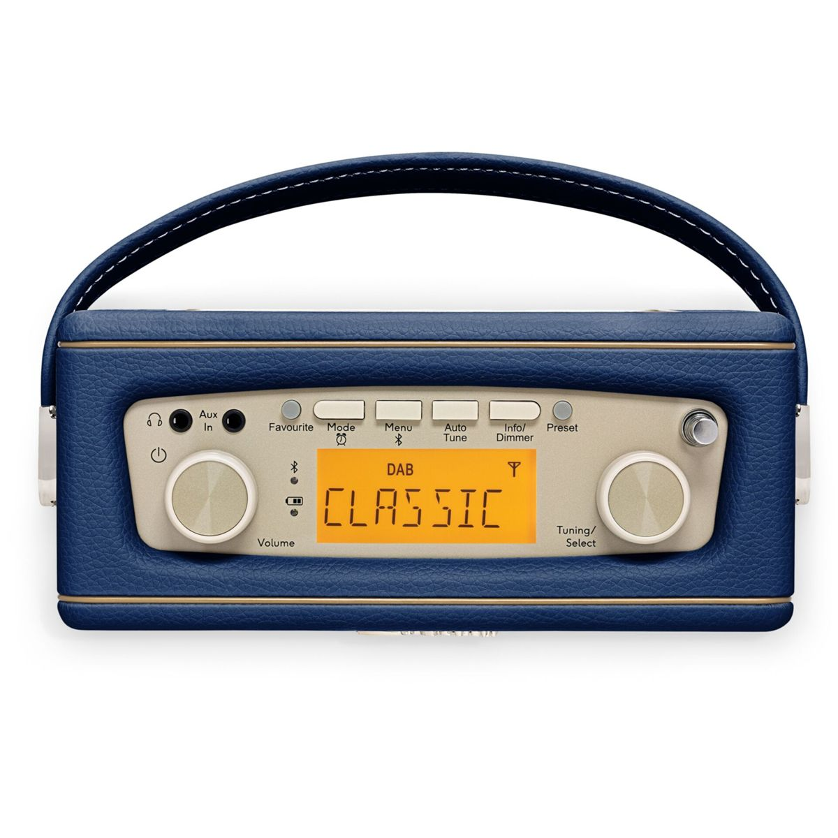 Ein blauer DAB-Radio mit Lederbezug, Griff und orangefarbenem Display.