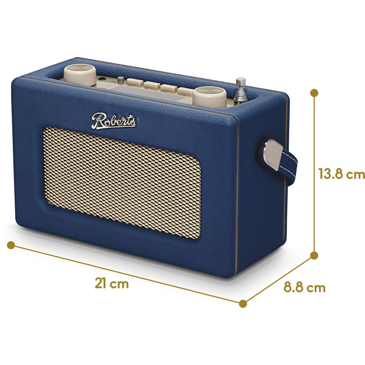 Ein blauer Roberts-Radio mit goldenem Lautsprechergrill und Bedienelementen.