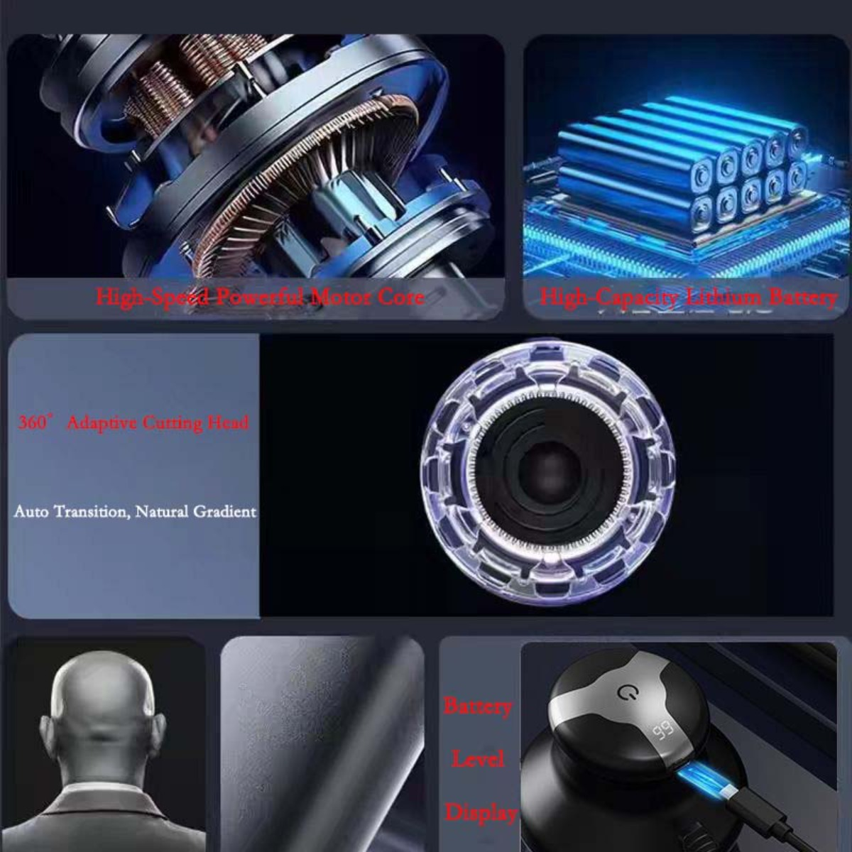 Ein mehrteiliges Bild, das Produktmerkmale zeigt: Motor, Batterie, Scherkopf, Glatze, Produktdetail und Ladeanzeige.