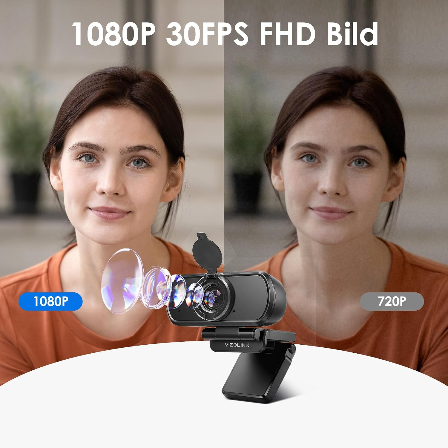 Webcam zeigt Frau, 1080P vs 720P Auflösung, mit Linsen-Explosionszeichnung.