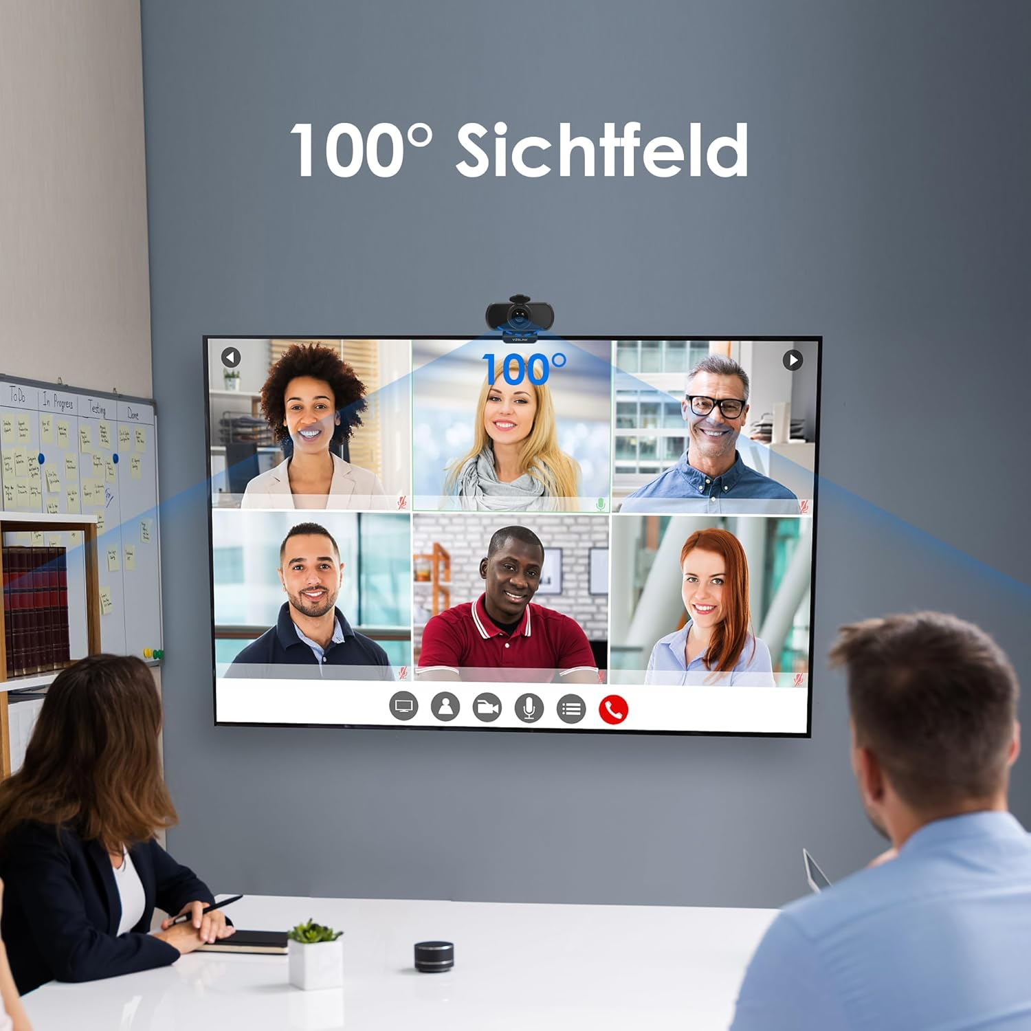 Videokonferenz mit 6 Personen und dem Text 100° Sichtfeld.