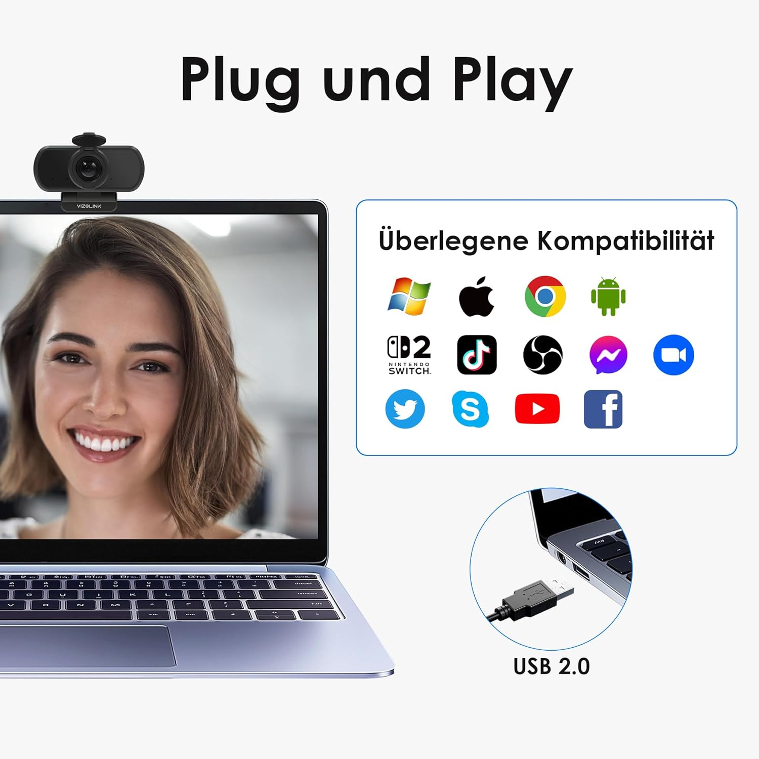 Webcam auf Laptop mit Frau, diverse Logos, USB 2.0 Anschluss.