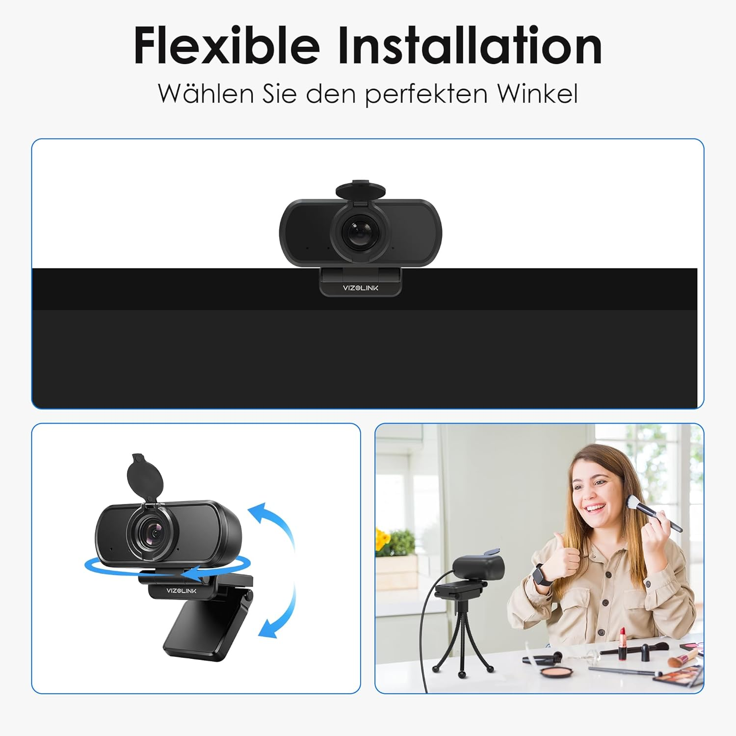 Webcam mit flexibler Halterung und eine Frau mit Make-up-Pinsel und Daumen hoch.