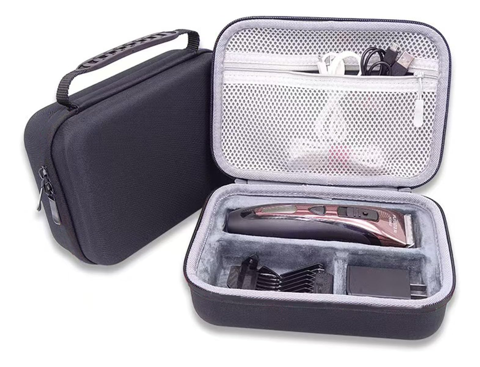 Schwarze Tasche mit Clipper, Ladegerät und Aufsätzen. Mesh-Tasche oben.