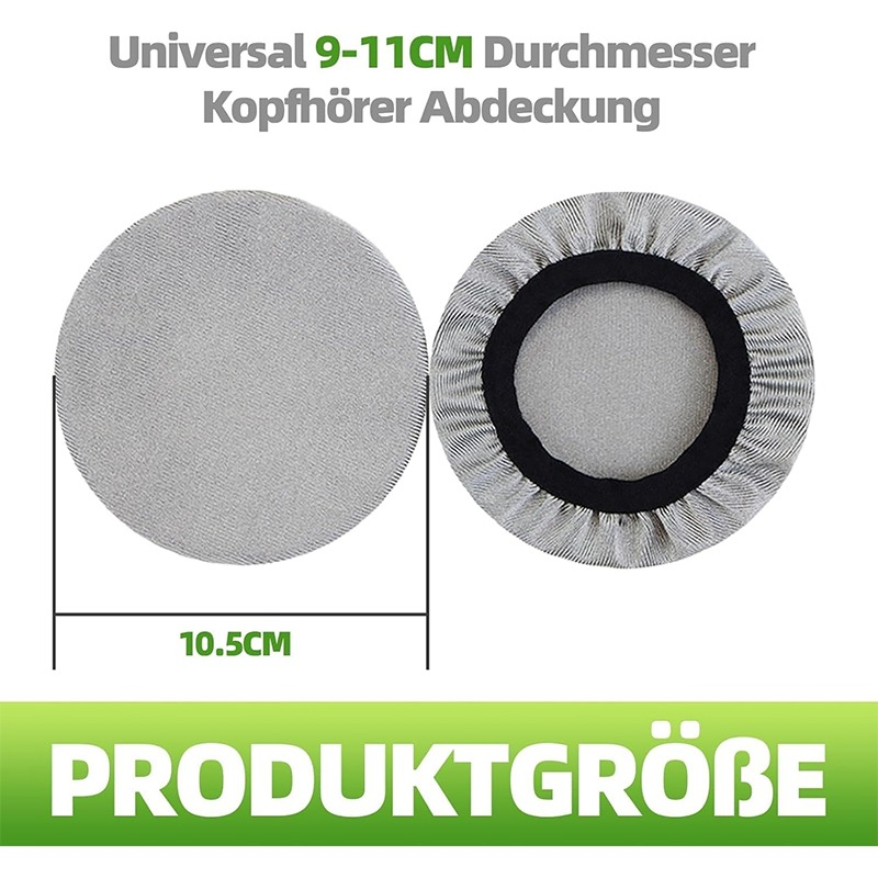 Zwei graue Kopfhörerabdeckungen: eine flach, eine elastisch. Größe 10,5cm.