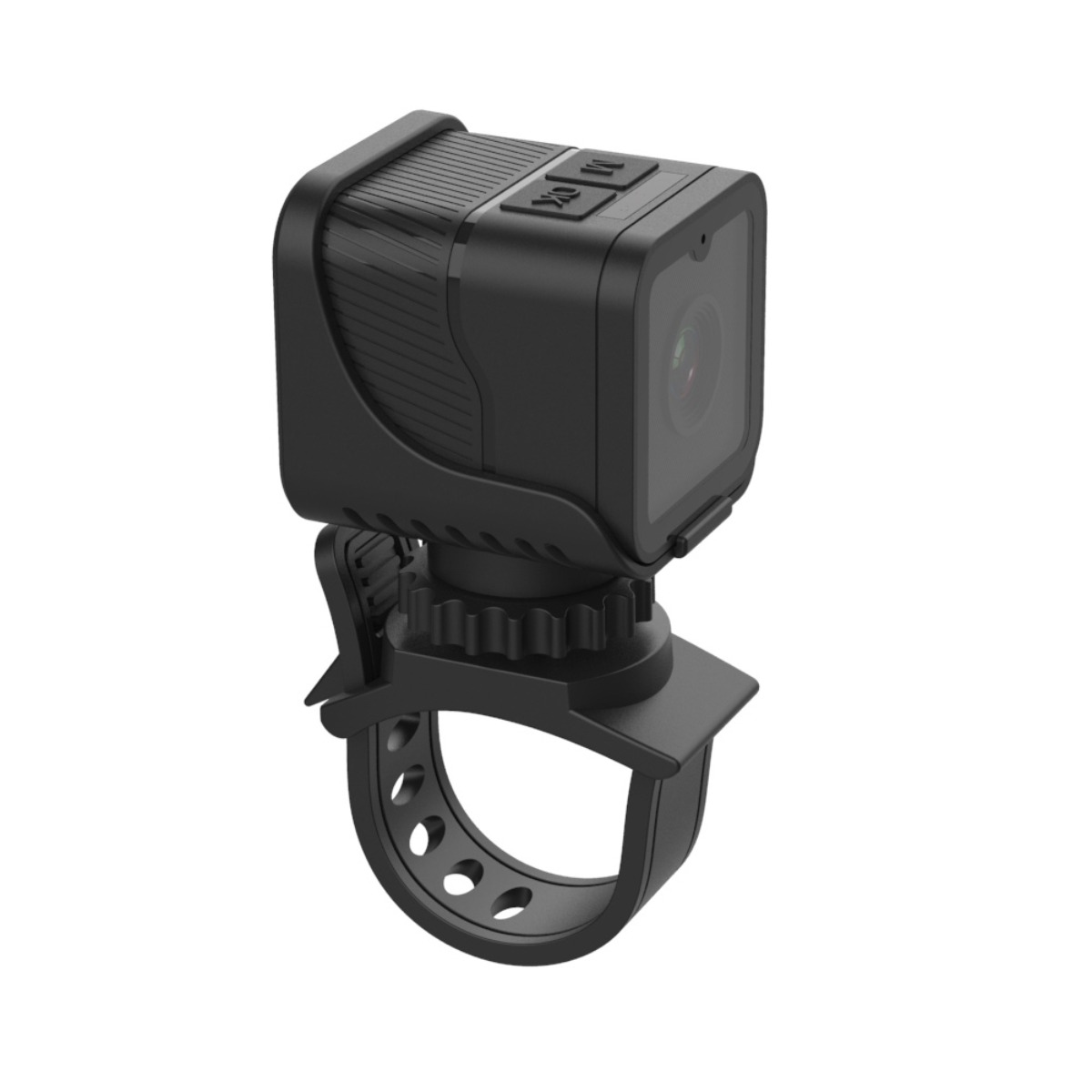 Action camera nera con supporto e cinturino.