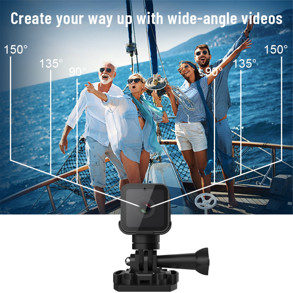 Una action cam su una barca con quattro persone che si godono le onde.