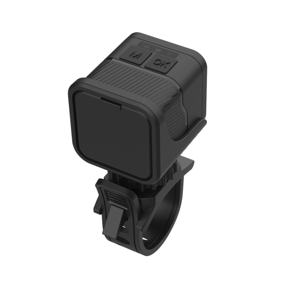 Un dispositivo nero, a forma di cubo, con pulsanti e supporto.