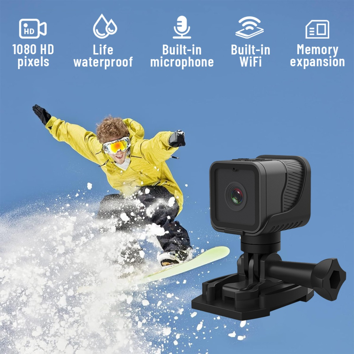 Uno snowboarder salta contro un cielo blu, accanto a una action camera.