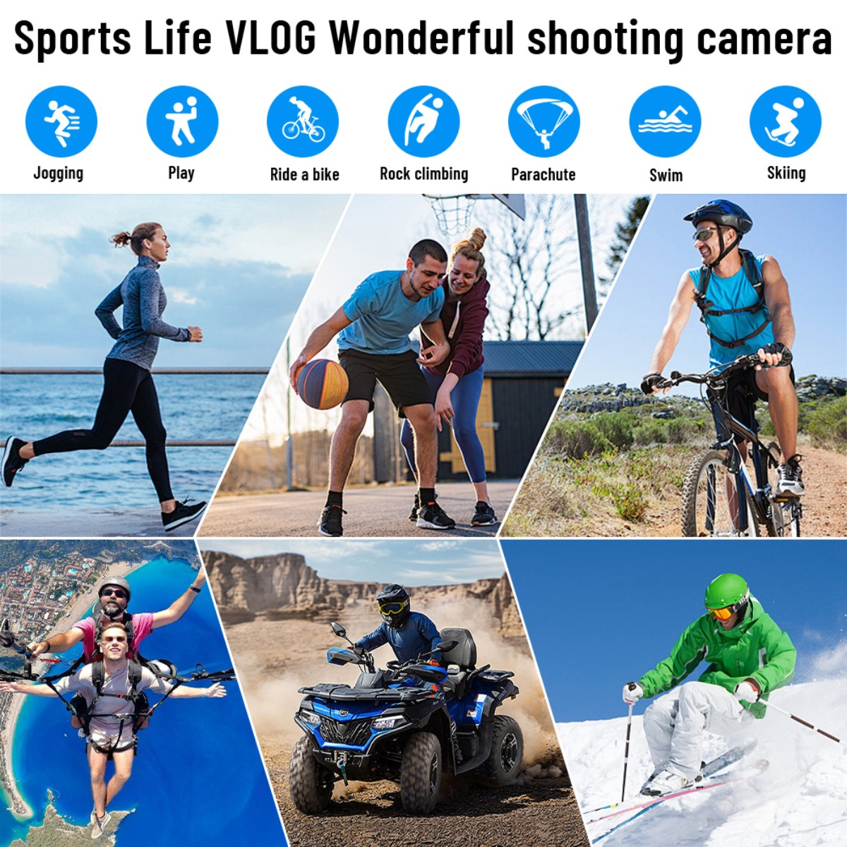 Collage di sport: jogging, basket, ciclismo, paracadutismo, quad e sci.