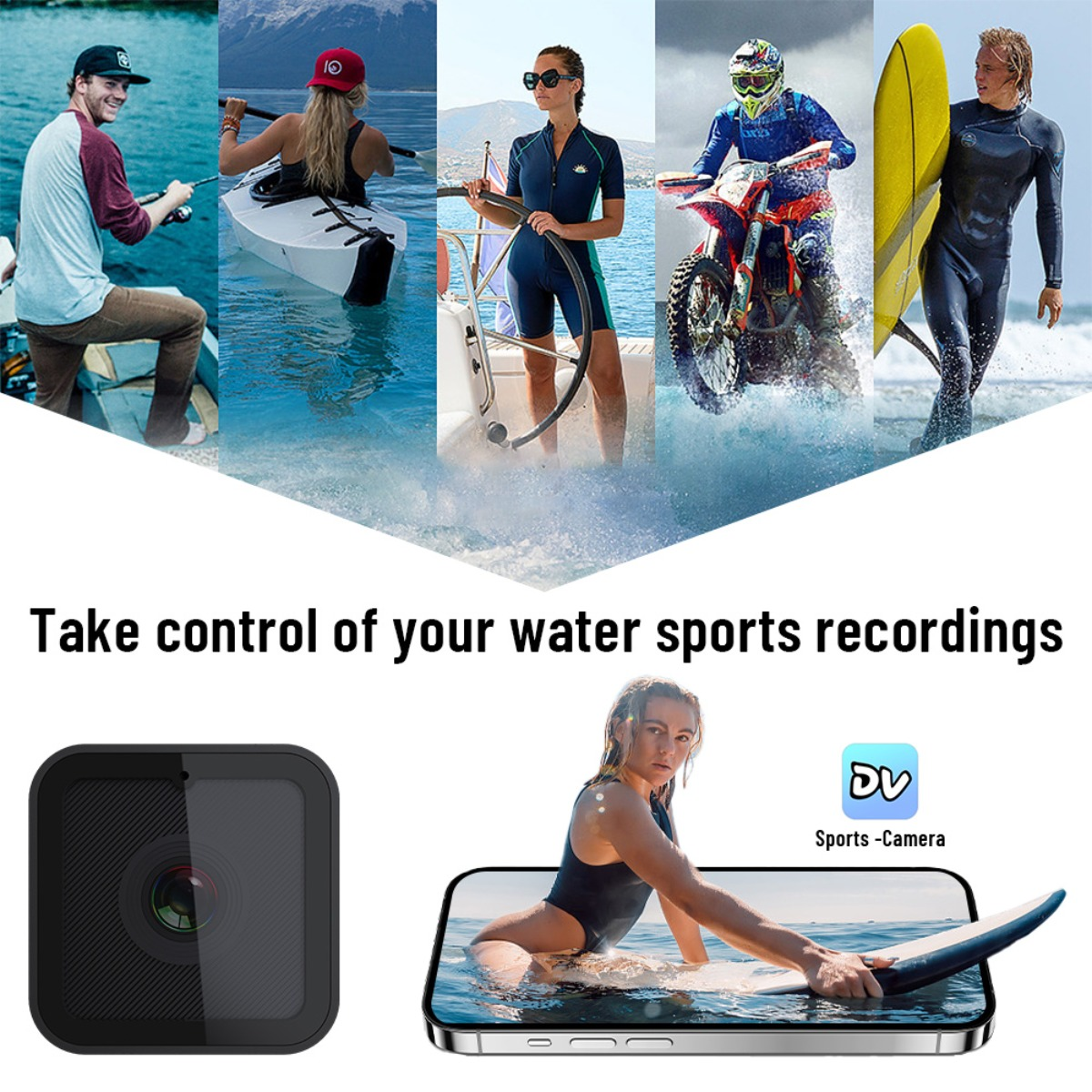 Collage di sport acquatici: pesca, kayak, vela, moto, surf. Videocamera piccola e smartphone.