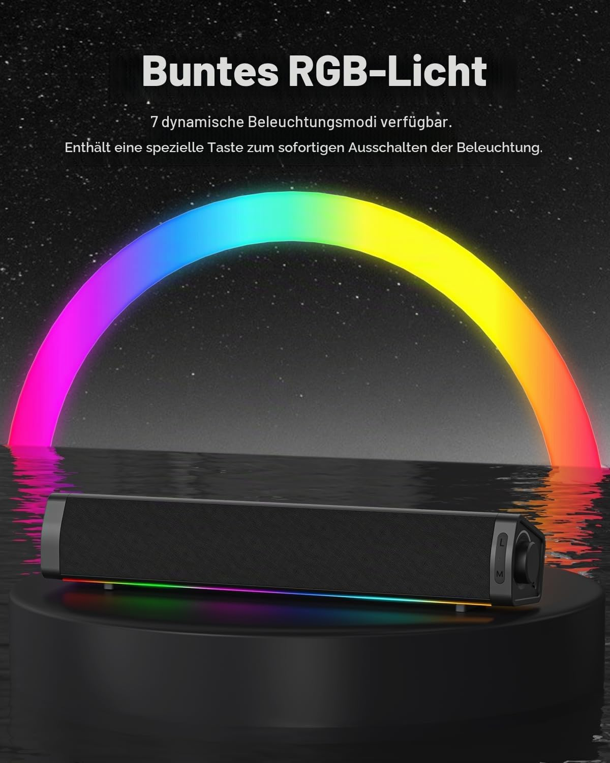 Ein schwarzer Lautsprecher mit RGB-Beleuchtung und einem bunten Lichtbogen darüber.