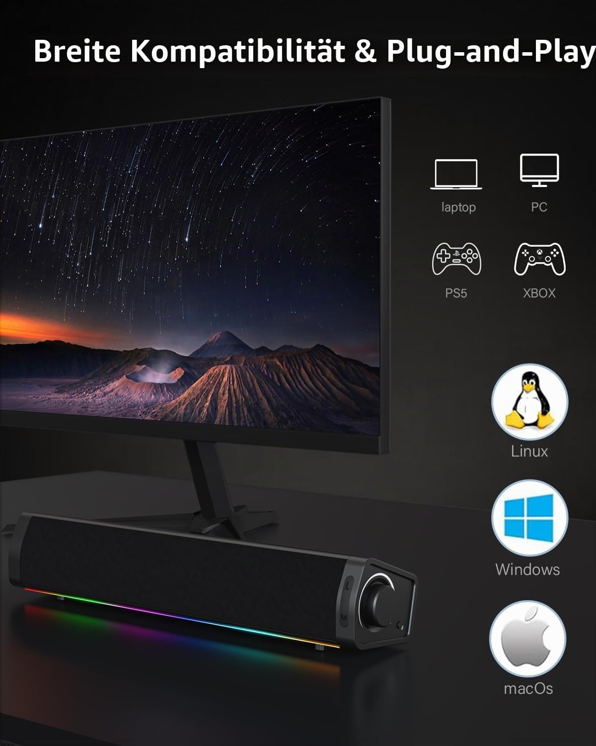 Ein schwarzer Lautsprecher mit RGB-Beleuchtung unter einem Monitor mit Sternenhimmel.