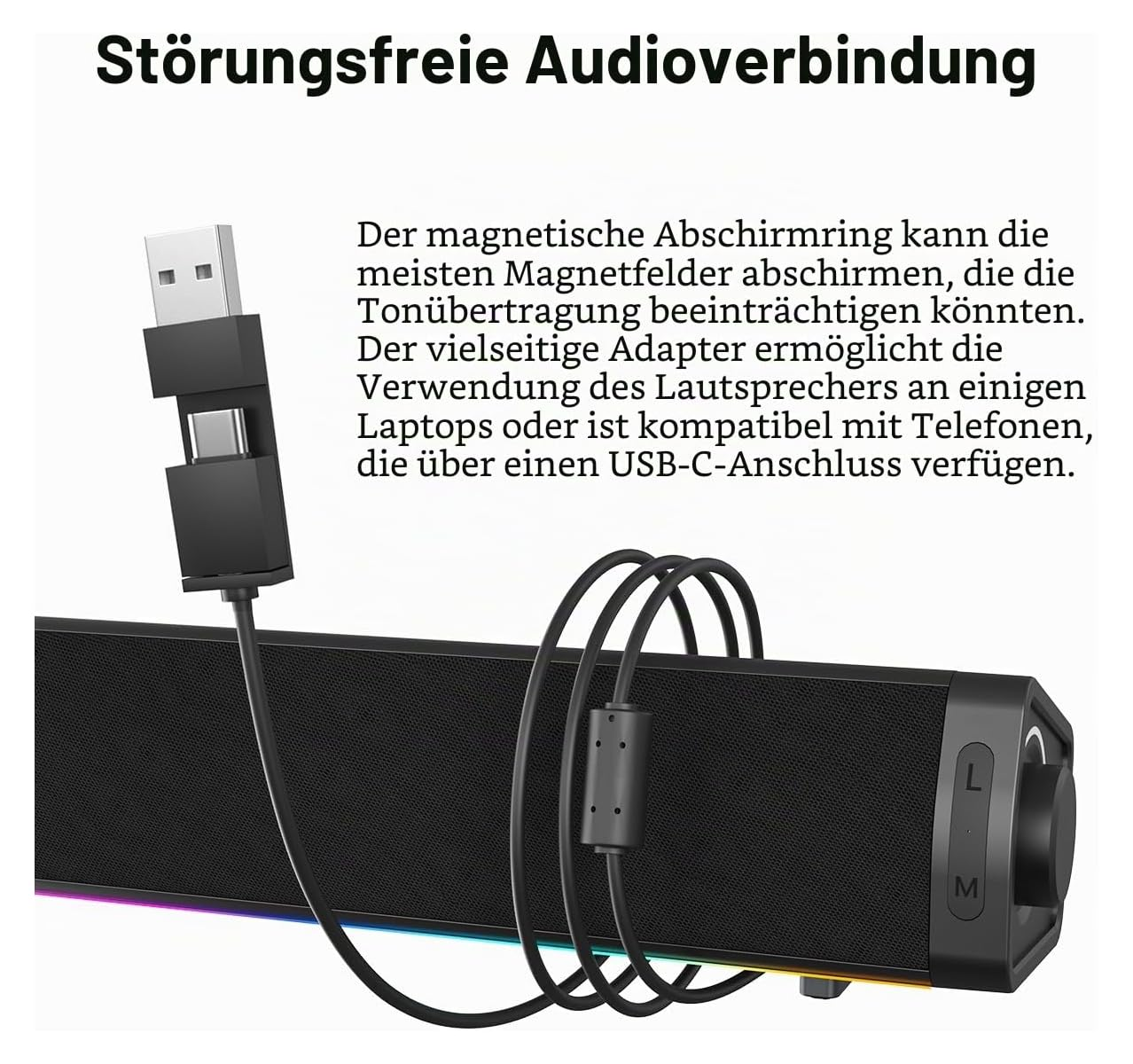 Ein Lautsprecher mit USB-C-Adapter und Kabel. Regenbogen-LED-Beleuchtung.