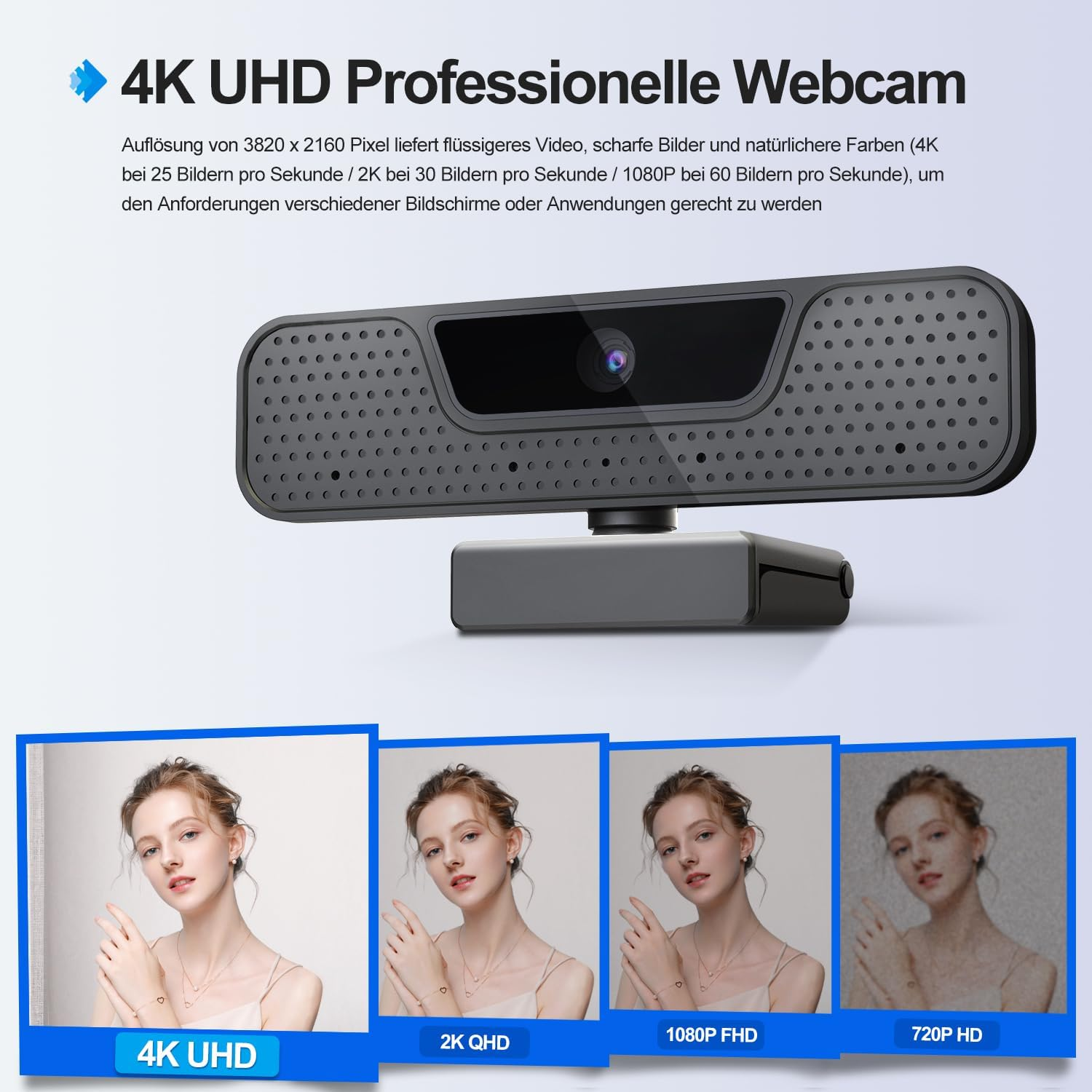 Eine 4K UHD Webcam mit vier Bildqualitätsvergleichen: 4K UHD, 2K QHD, 1080P FHD, 720P HD.