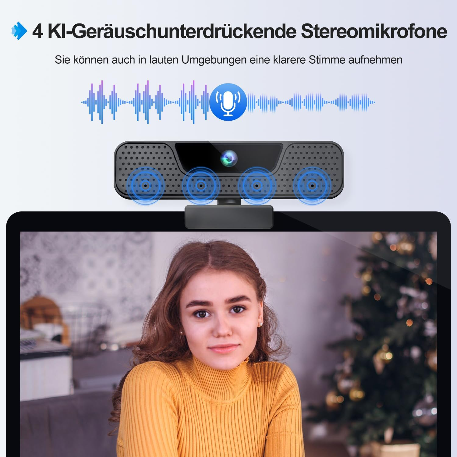 Webcam mit 4 KI-Mikrofonen und Schallwellen-Diagramm über junger Frau.