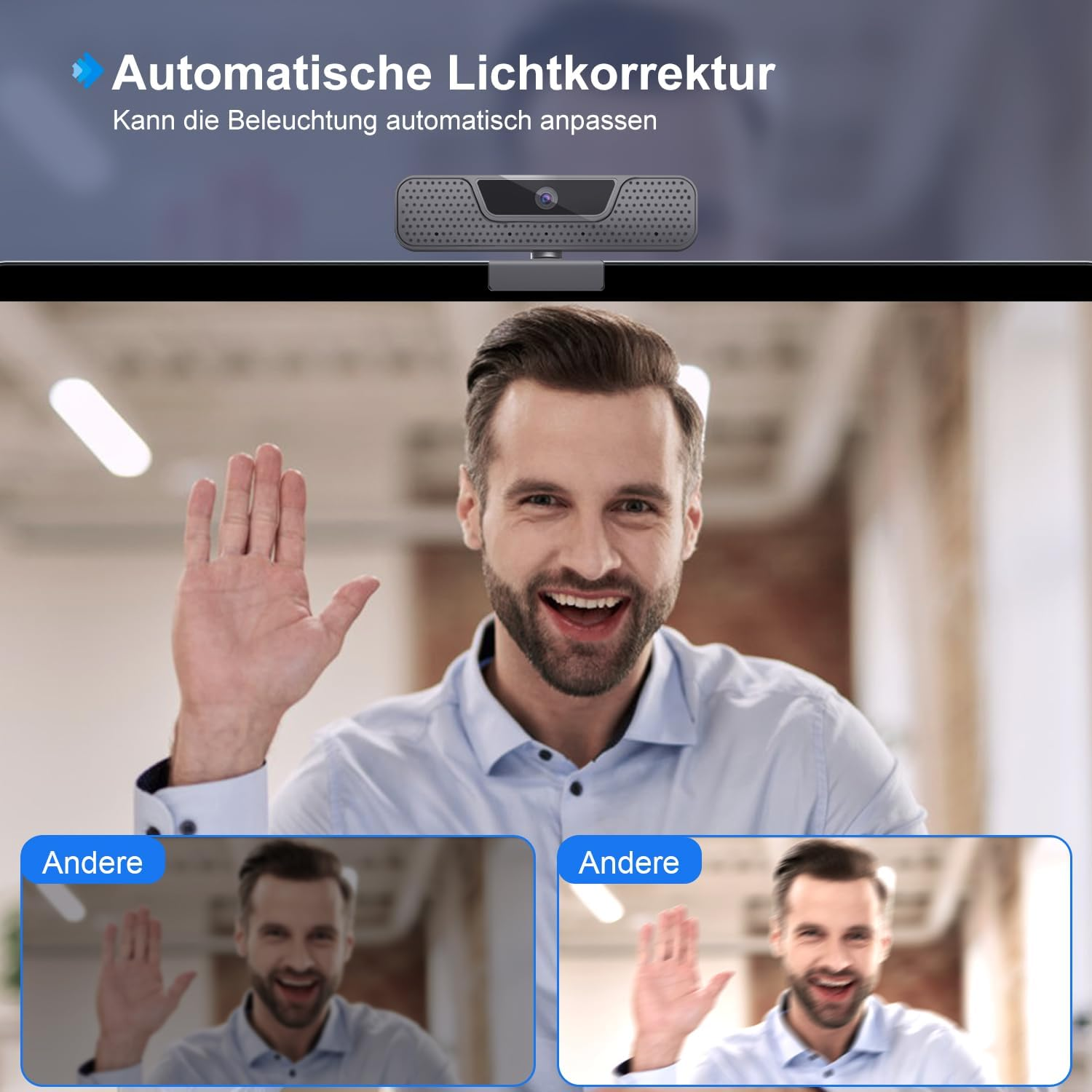 Mann winkt in die Kamera, Webcam mit Lichtkorrektur oben.