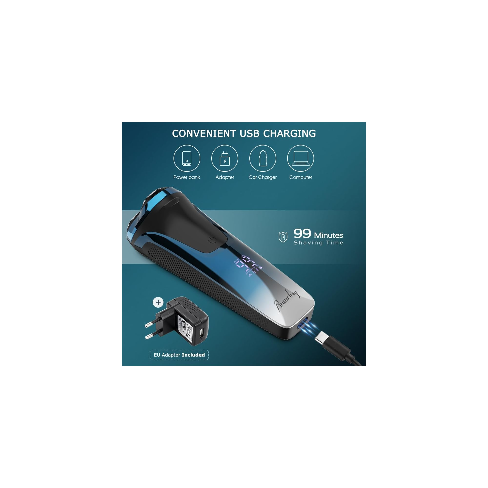 Ein schwarzer Rasierer mit blauem Akzent, der über USB aufgeladen wird. Daneben ein Netzteil.