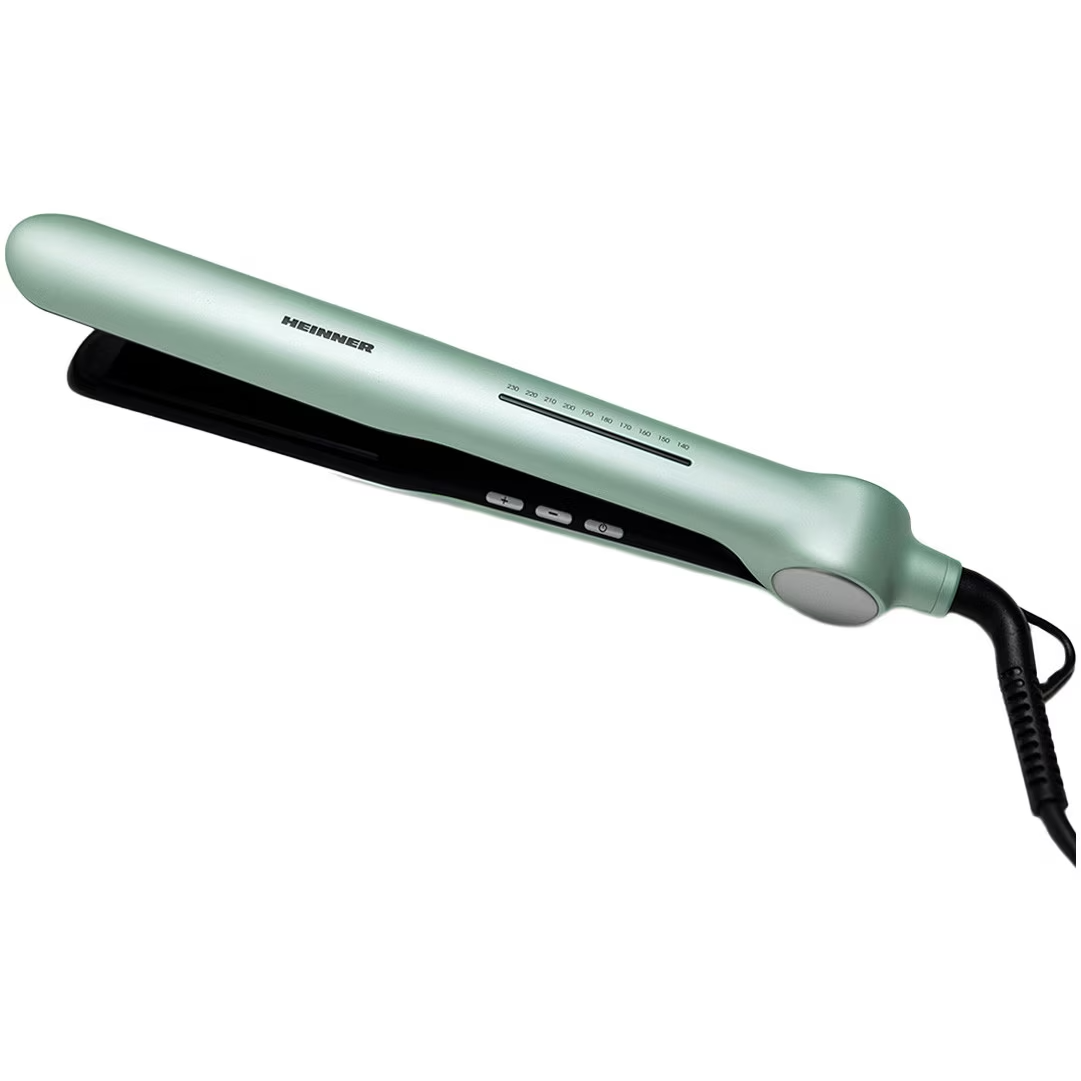 Ein hellgrüner Haarglätter mit schwarzen Heizplatten und Bedienelementen.