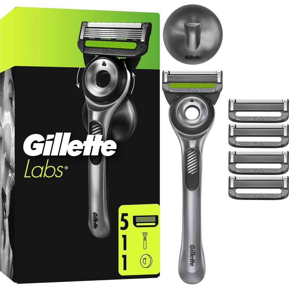 Set rasoio Gillette Labs con 5 lame, manico, supporto e scatola.
