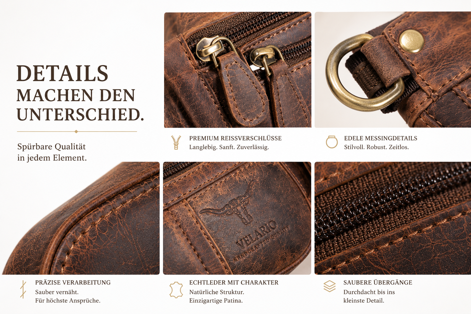 Nahaufnahme einer braunen Leder Tasche mit Details wie Reißverschlüssen, Nähten und Metallteilen.