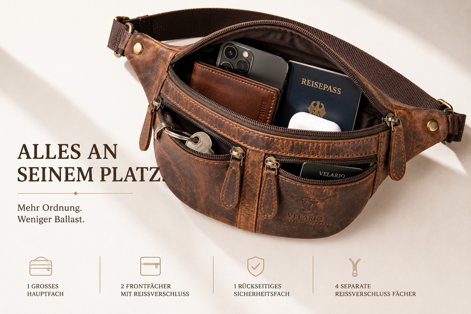 Eine braune Leder-Bauchtasche mit Handy, Reisepass, Geldbörse, Schlüssel und Kopfhörern.
