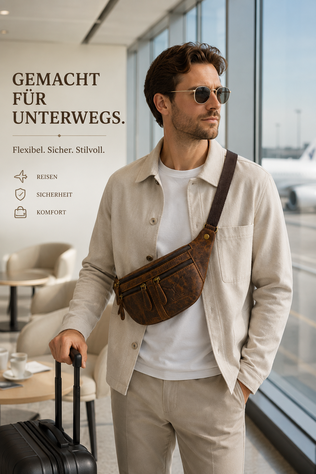 Mann mit brauner Bauchtasche und Gepäck am Flughafen, mit Flugzeug im Hintergrund.