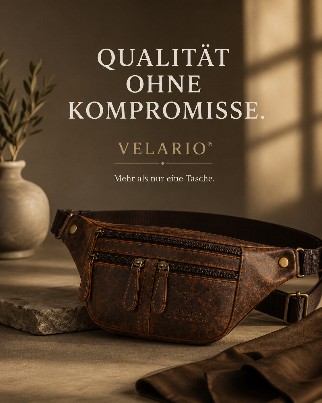 Braune Leder-Bauchtasche mit mehreren Reißverschlusstaschen, auf einem Stein platziert.